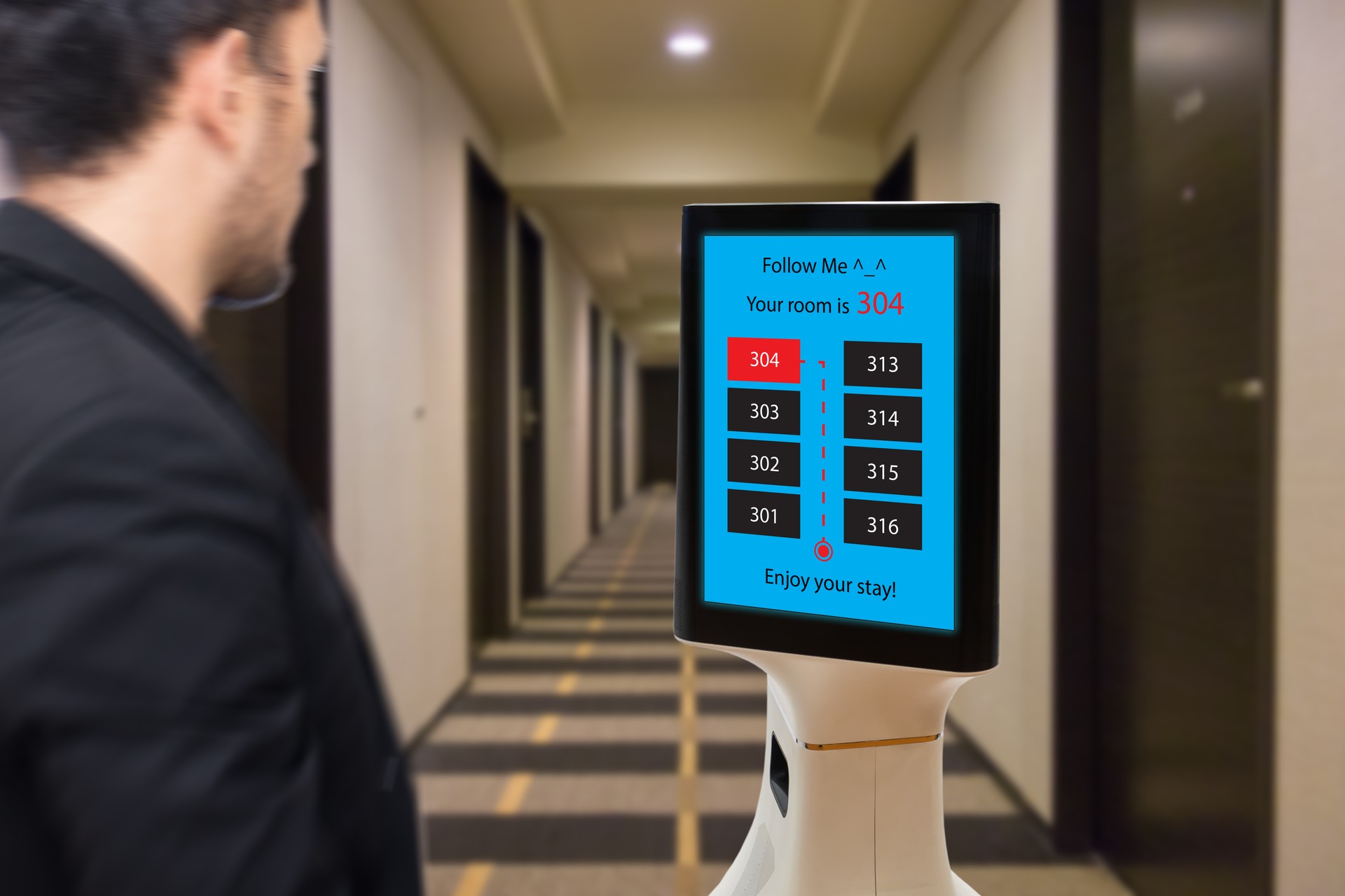 robot in hotel concept, robotic butler help the customer to the room that booking, put the object, food, accessories inside it.